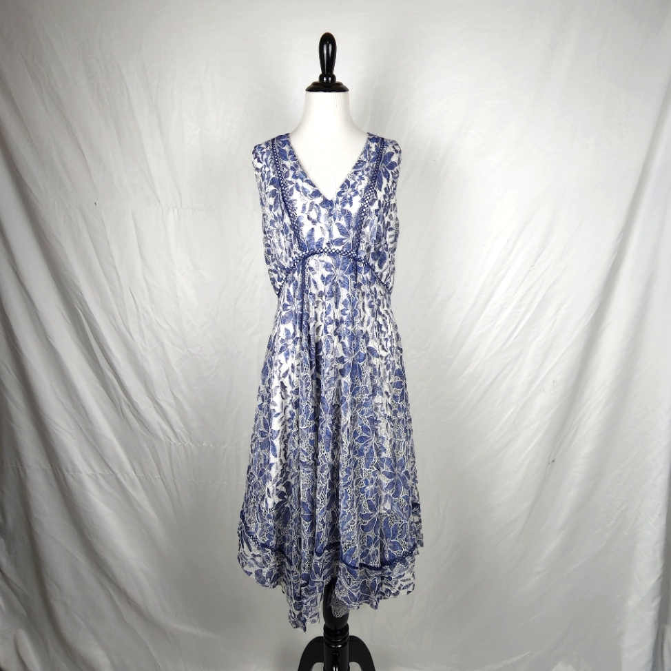 Just Taylor Blue Floral Lace Crochet Royal Core Zip Up Dress, Size Small-Medium